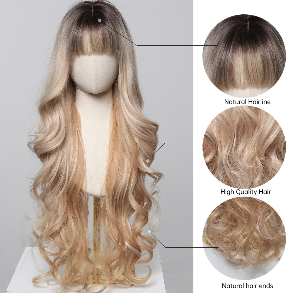 EASIHAIR Long Curly Synthetic Wigs with Bangs Brown Blonde Ombre Natural Wig for Women Silky Hair Heat Resistant Cosplay Wig