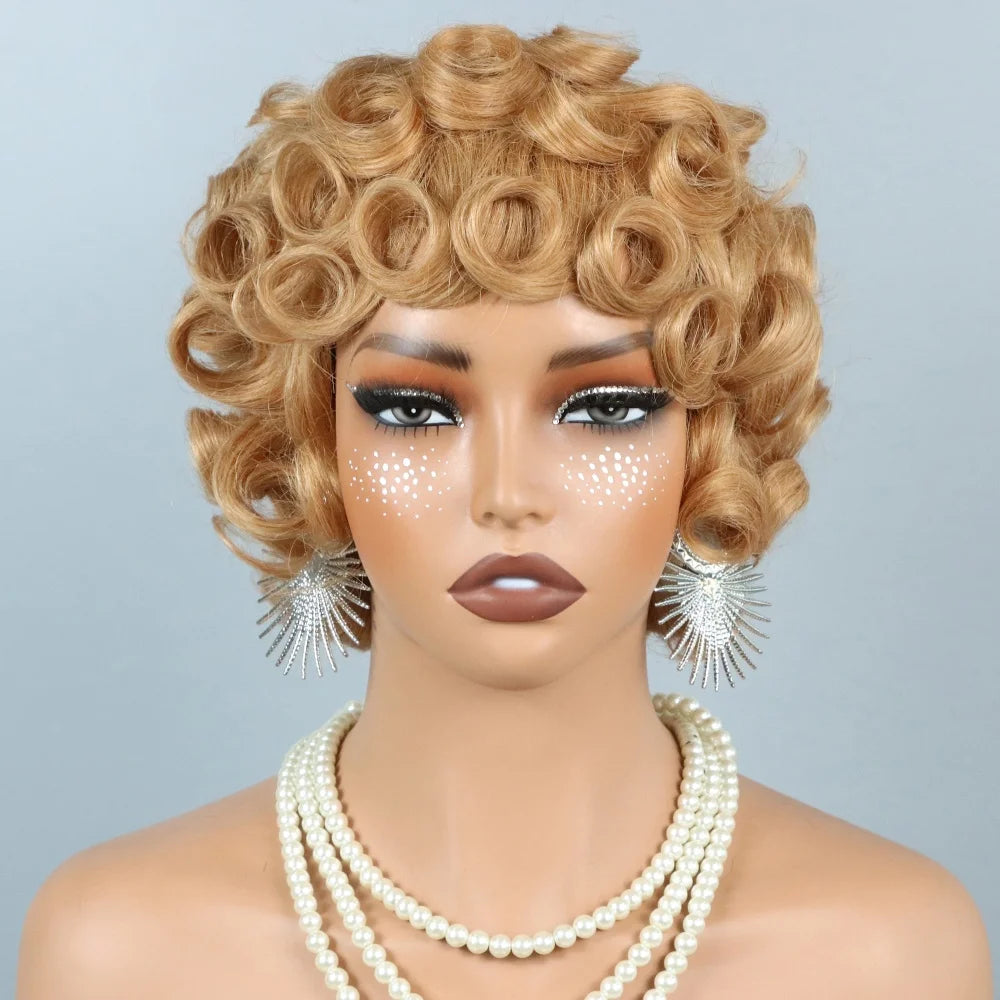 Short Curly Pixie Cut Wigs For Women Curly Wig Brazilian Remy Human Hair Blond 27# Short Bob Full Machine Made Wig 200% Density