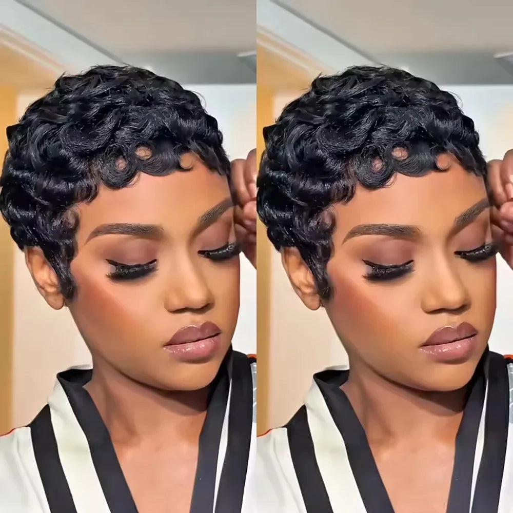 Short Bob Women's Human Hair Pixie Cut Wig Full Machine Made Short Layered Curly with Bangs, Natural Black 210% Density