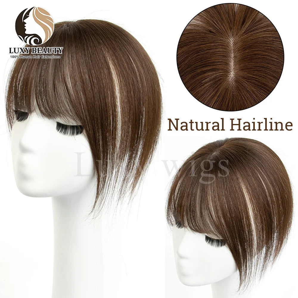 Human Hair Topper With Bangs Women 5x9cm Natural Black Brown Highlights Blonde Skin Scalp Clip in Topper Hair Pieces Human Hair