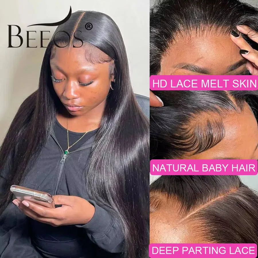 34in Jet Black 13x6 HD Transparent Lace Frontal Wigs Bone Straight 13X4 Real HD Lace Full Frontal Wigs Glueless 250% Pre Plucked