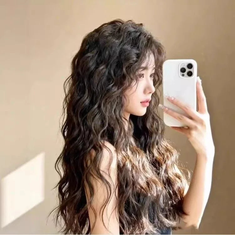 Synthetic Women's Korean-style Woolly Waves Bangs Long Wavy Hair Cold Brown Egg Curl Daily Realistic Human Hair Wig