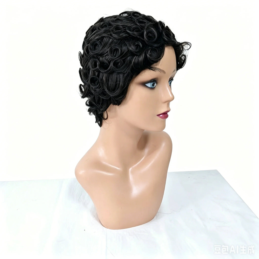 Short Bob Women's Human Hair Pixie Cut Wig Full Machine Made Short Layered Curly with Bangs, Natural Black 210% Density