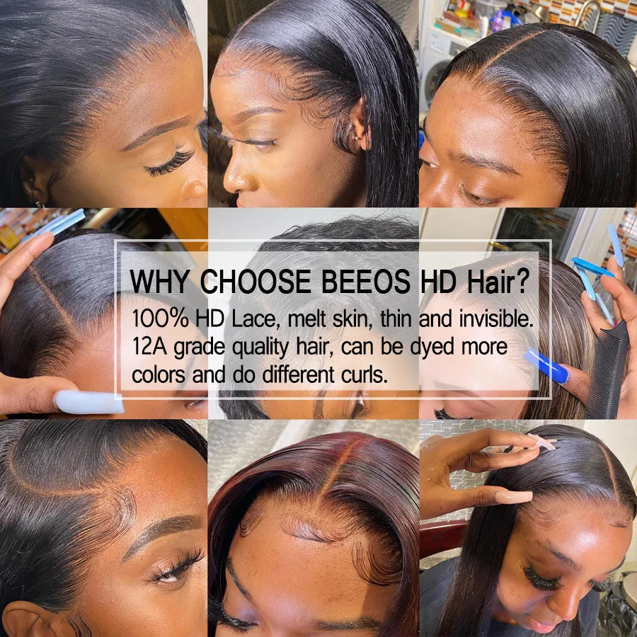 34in Jet Black 13x6 HD Transparent Lace Frontal Wigs Bone Straight 13X4 Real HD Lace Full Frontal Wigs Glueless 250% Pre Plucked