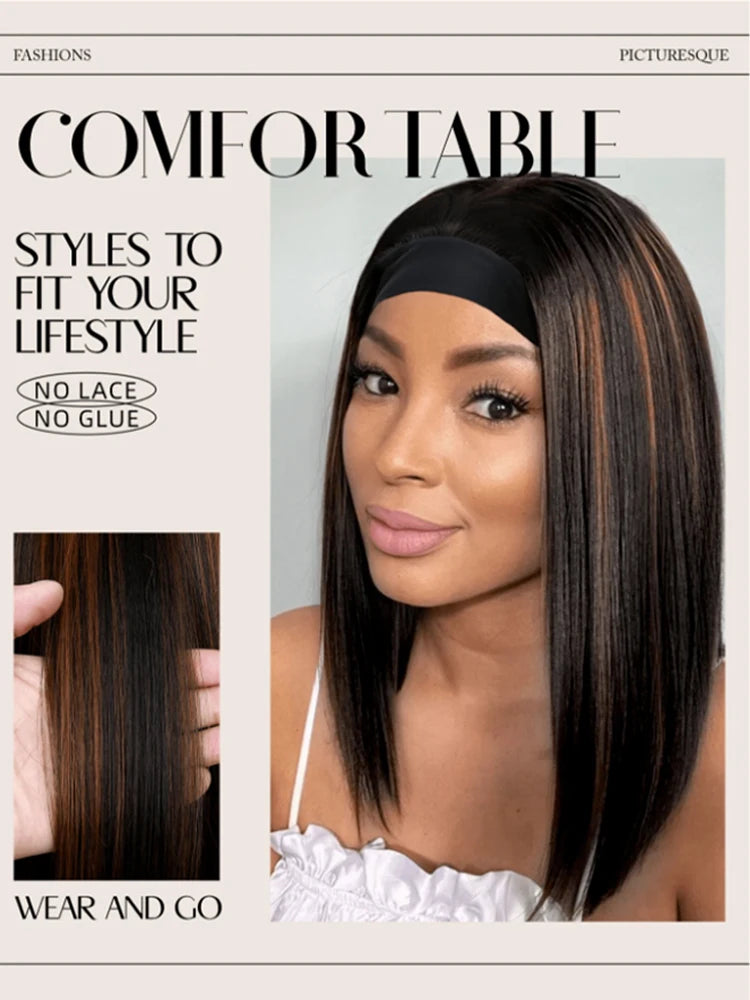 16 Inch Headband Wig For Women Mixed Brown Ombre Bob Wig Straight Synthetic Heat Resistant Wig With Headband For Daily Party Use
