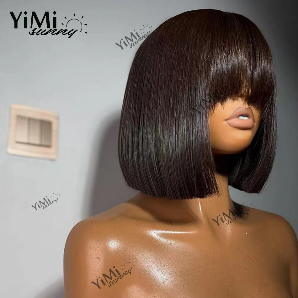 Short Straight Bob Lace Front Human Hair Wig With Bangs For Woman 4x4 Lace Closure Smooth Hair Wig High Density Yimisunny