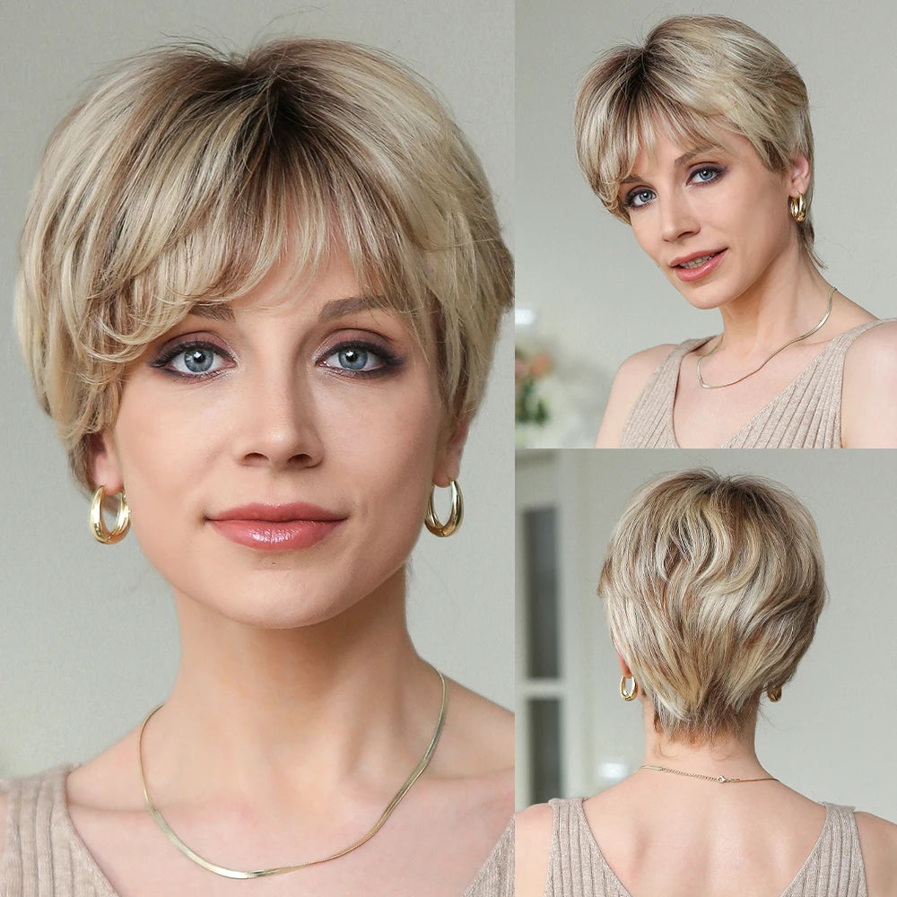 100% Remy Human Hair Wigs Brown Blonde Highlight Hair Short Pixie Cut Lace Front Wig for Women HD Transparent Human Hair Wigs