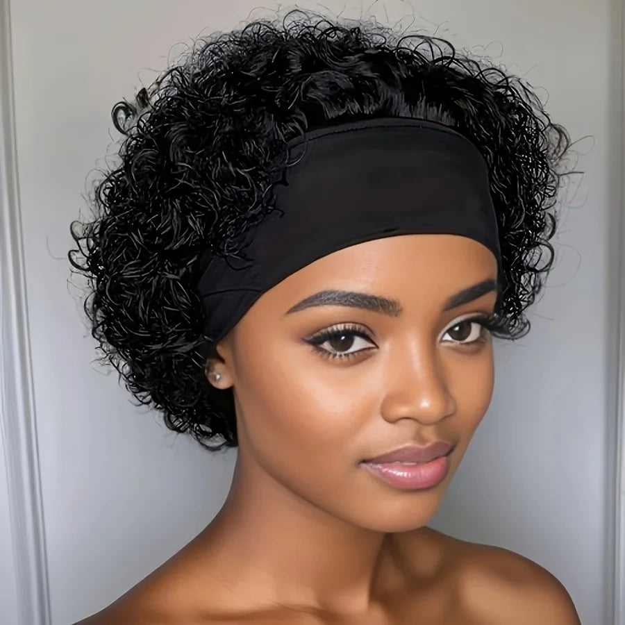 Headband Wig Human Hair for Woman Pixie Cut Wig Short Curly Hair Headband Wig Machine Made 180% Density Black Beginner Friendly