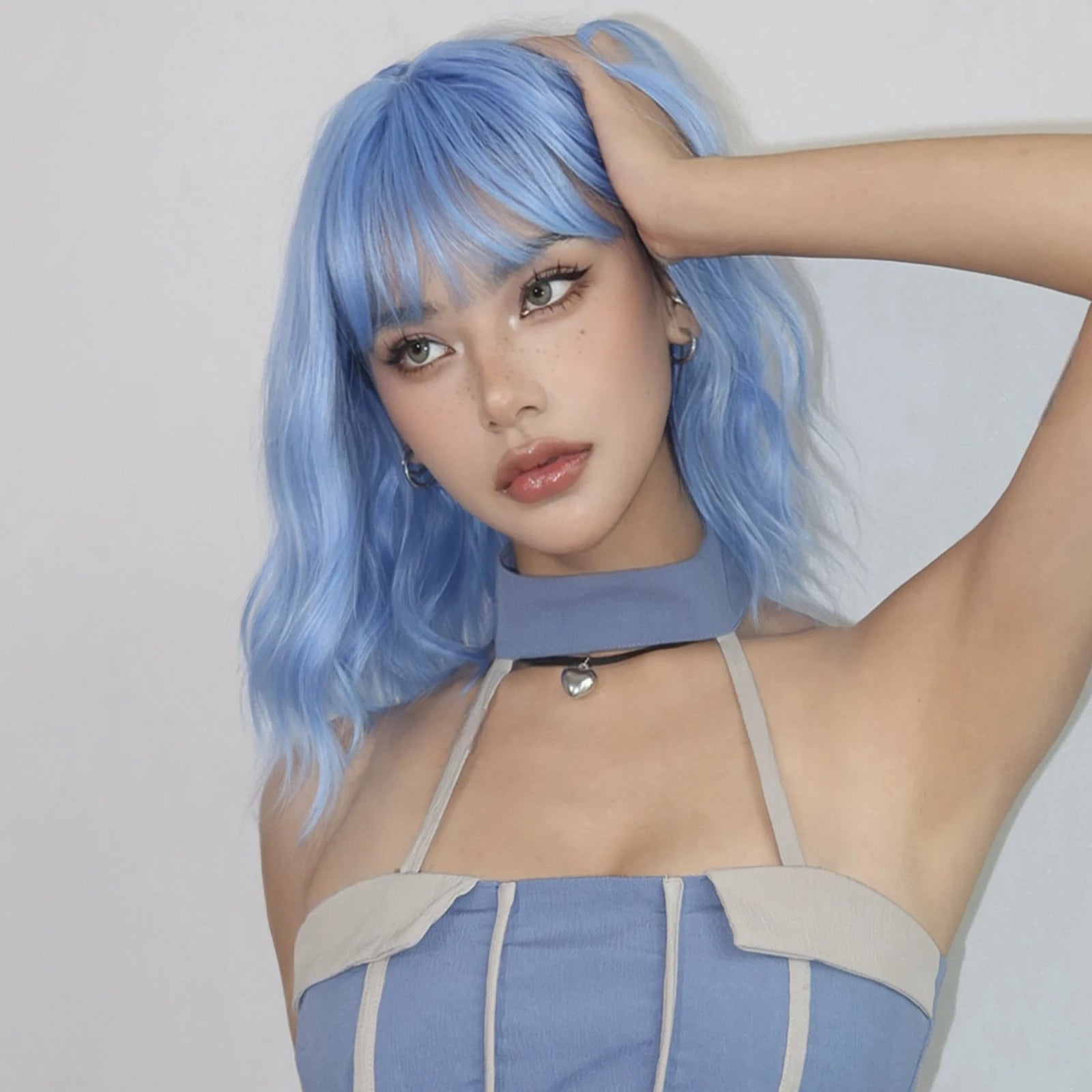 Blue Bob Curly Wavy Synthetic Wigs with Bangs Short Colorful Blue Cosplay Wig for Women DaiIy Lolita Natural Heat Resistant Hair