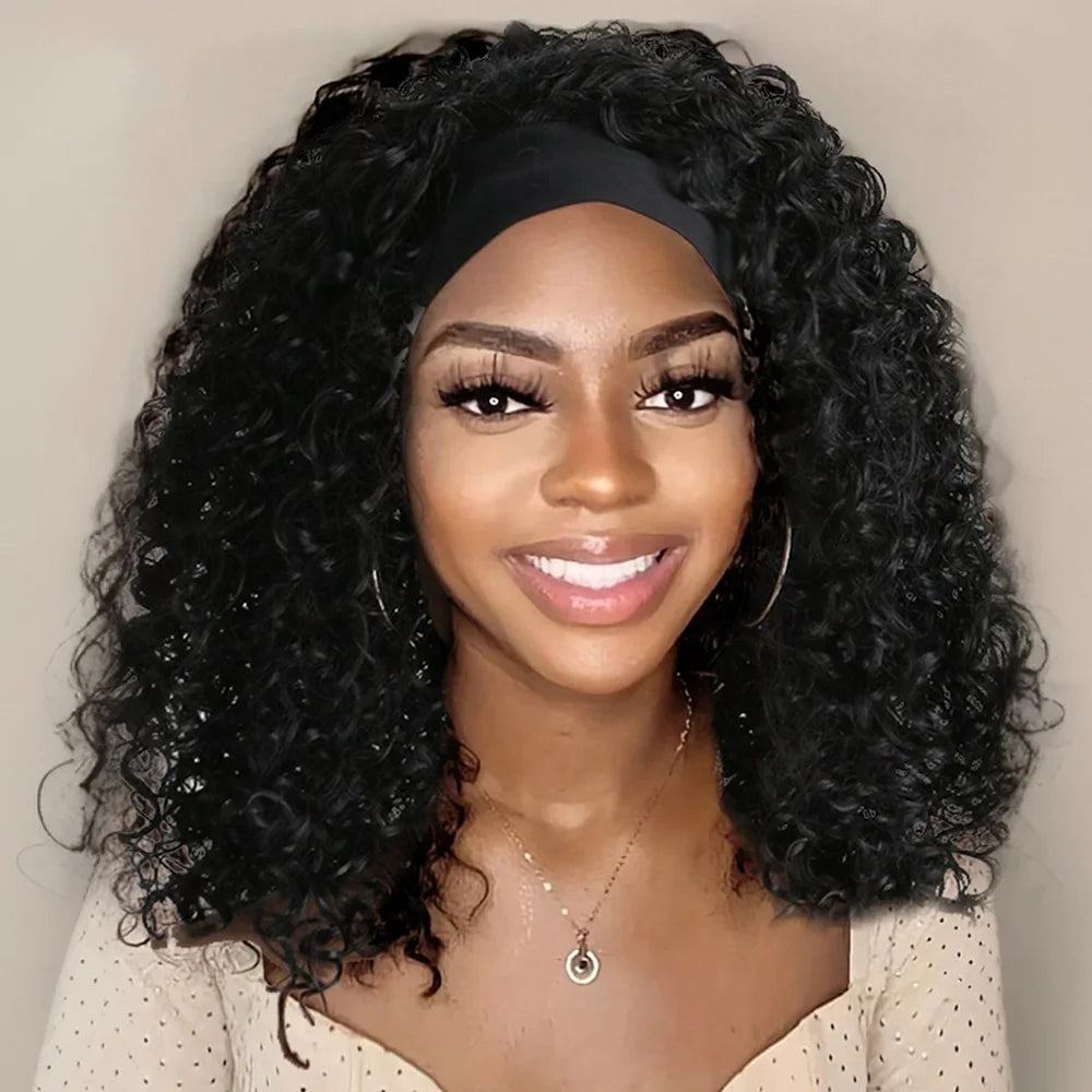 16 Inch Headband Synthetic Natural Kinky Curly Black Brown Wigs For Black Women Daily Party Use Heat Resistant Fake Hair