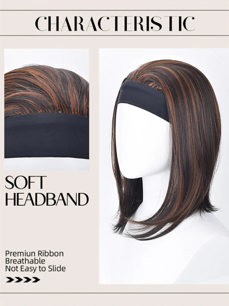 16 Inch Headband Wig For Women Mixed Brown Ombre Bob Wig Straight Synthetic Heat Resistant Wig With Headband For Daily Party Use