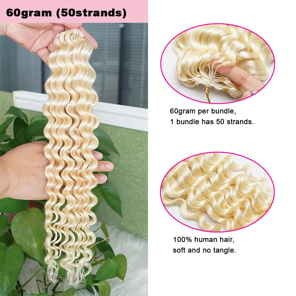#613 Miracle Knots Crochet 100% Human Hair Deep Wave Bulk Braiding Hair for Bora Boho Braids Blonde Color Highlight Wavy Bundles