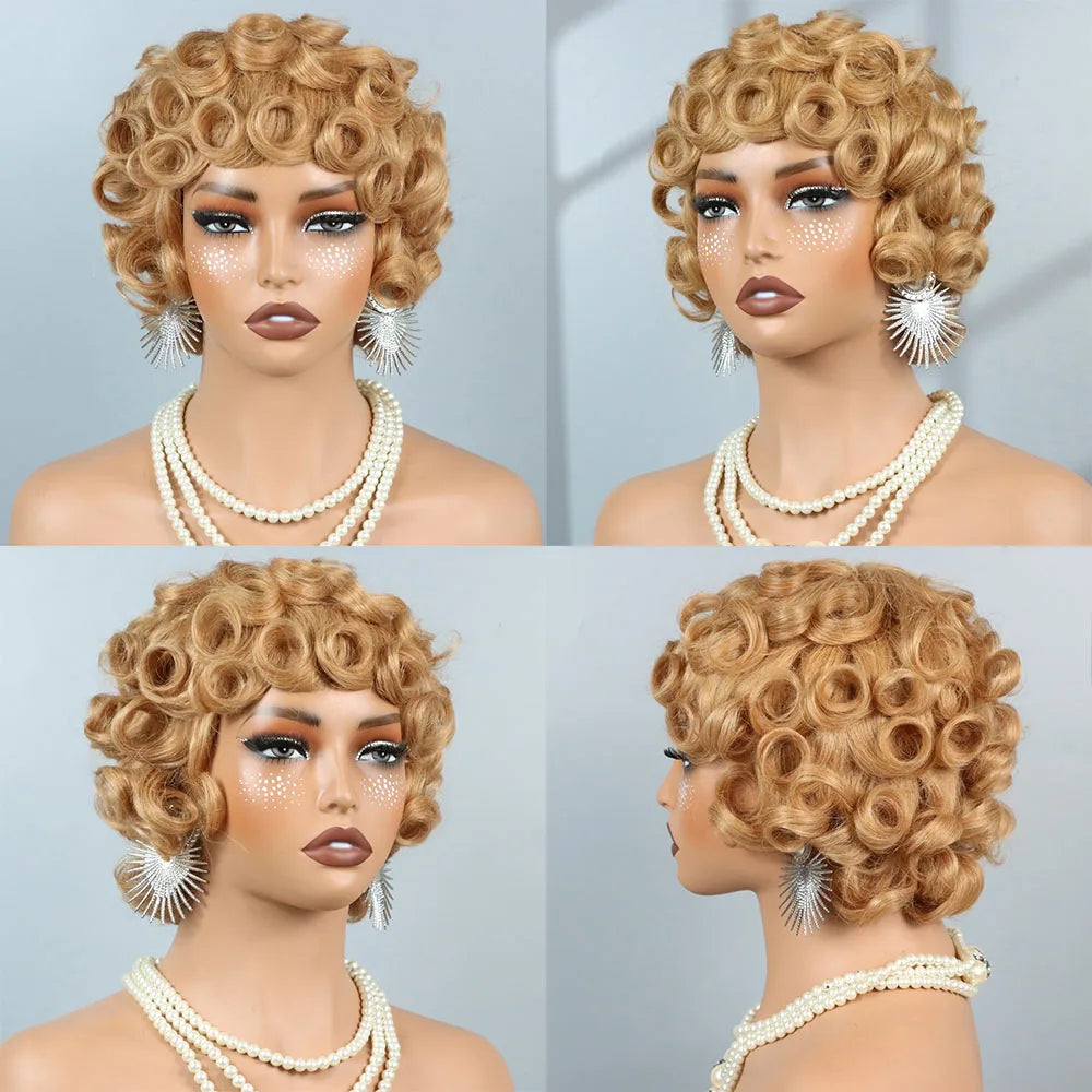 Short Curly Pixie Cut Wigs For Women Curly Wig Brazilian Remy Human Hair Blond 27# Short Bob Full Machine Made Wig 200% Density