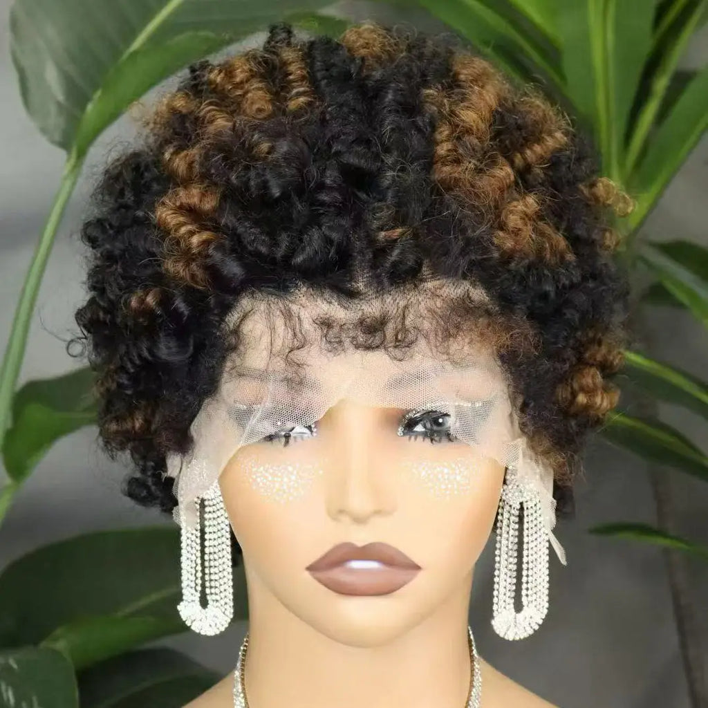 Short 4C Hairline Dark Ombre Afro Kinky Curly Bob Wig Human Hair Wigs 13x4 Lace Front 4C Edges Natural Hairline Wigs for Women