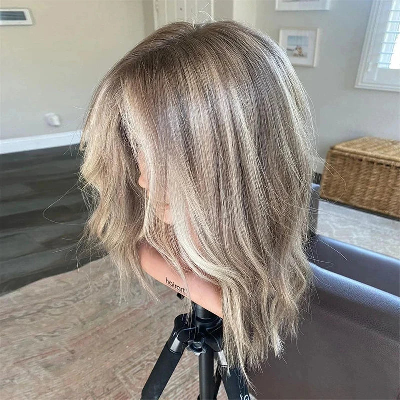 High Heat Fibre Realistic Lace Front Wig Ash Blonde Highlights HD Lace Wigs for Women Hair Loss 13x4 Glueless Short Bob Wavy Wig