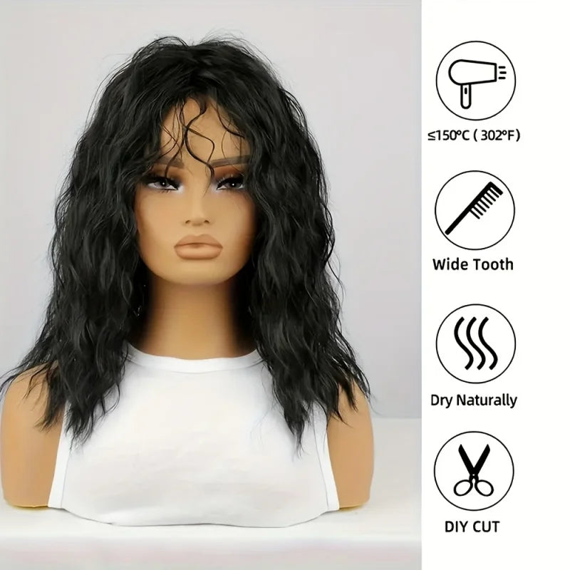 Black Curly Wigs With Bangs For Women Long Curly Wavy Wig Synthetic Layered 80s Rocker Wig Long Soft Curly Wavy Hair