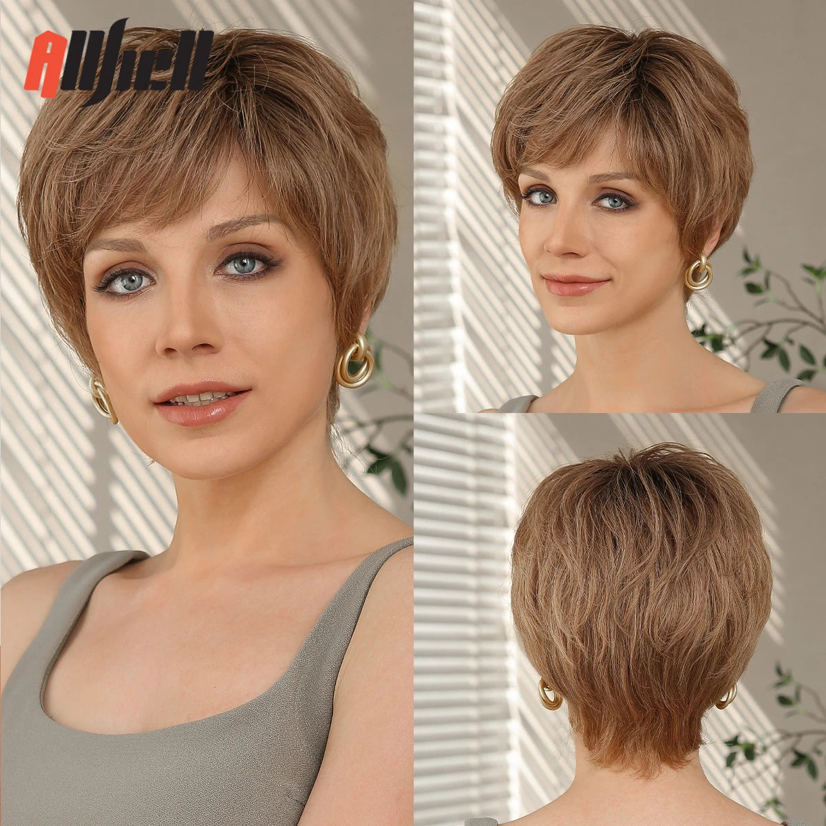 Blonde Highlight Lace Front Human Hair Wigs for Black Women Short Pixie Cut Wig WIth Bangs Natural Straight 100% Remy Human Hair