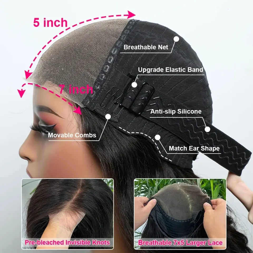 Wear & Go Glueless Wigs Body Wave Human Hair Wigs Pre Cut 5x7 HD Transparent Lace Wigs Pre Plucked Lace Frontal Human Hair Wigs