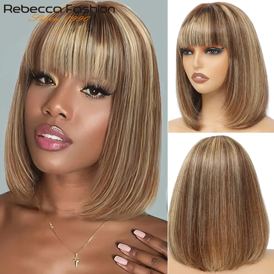 Rebecca Human Hair Wigs For Women Straight Bob Brazilian Hair Wigs Omber Blonde Brown Colored 3x1 Part Lace Wigs Real Woman Wigs