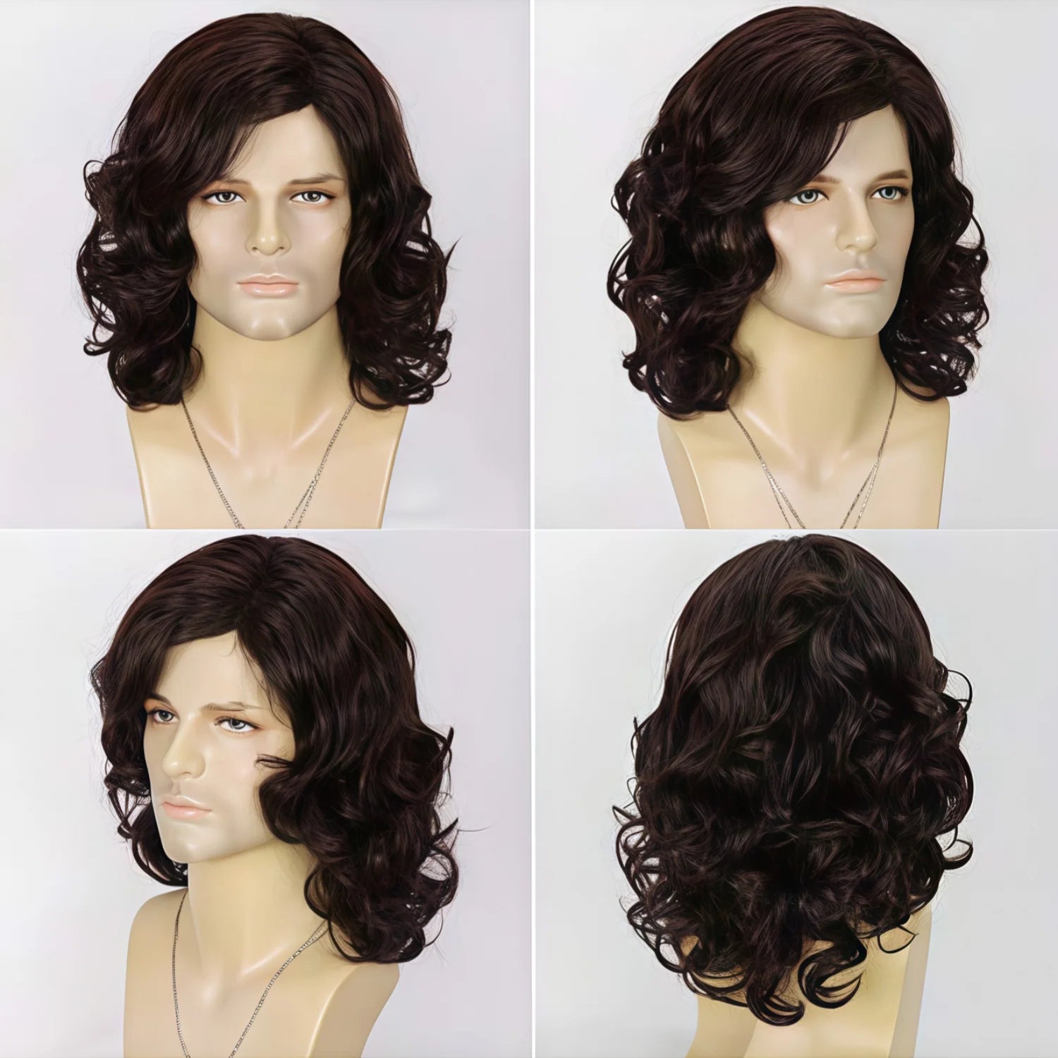 Men's and Women's Medium to Long Wavy Wig with Bangs and Curly Hair, Black Short Curly Synthetic Wig, Natural Wavy Black Brown