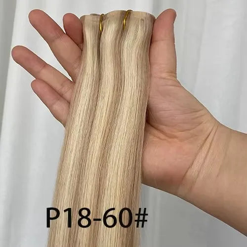 Brazilian Real Human Hair Clip-In Extensions Hard PU Braided Invisible Remy in Natural Black Brown Golden Brown Highlight Colors