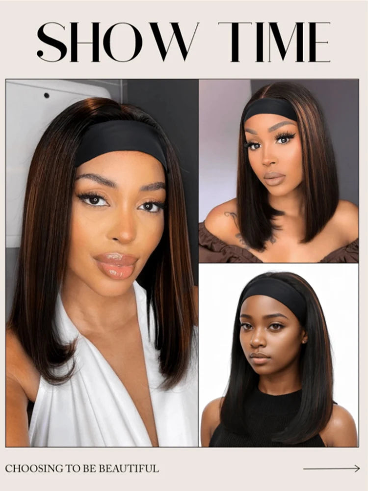 16 Inch Headband Wig For Women Mixed Brown Ombre Bob Wig Straight Synthetic Heat Resistant Wig With Headband For Daily Party Use