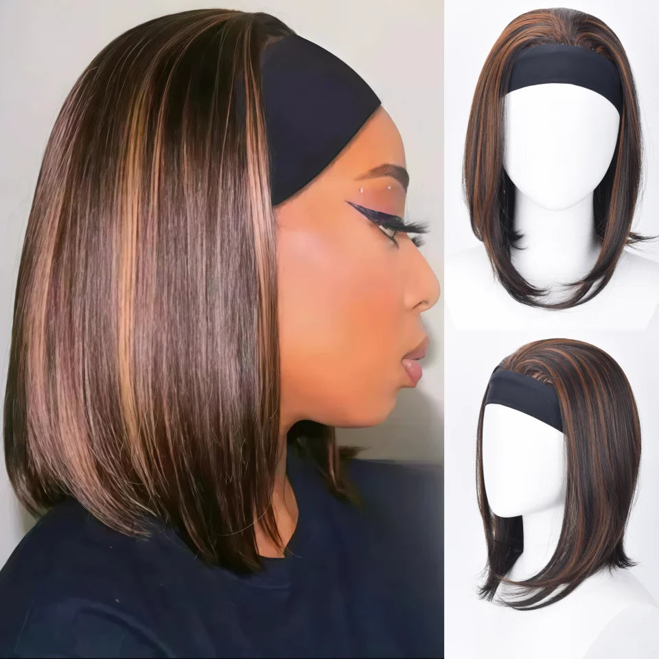 16 Inch Headband Wig For Women Mixed Brown Ombre Bob Wig Straight Synthetic Heat Resistant Wig With Headband For Daily Party Use