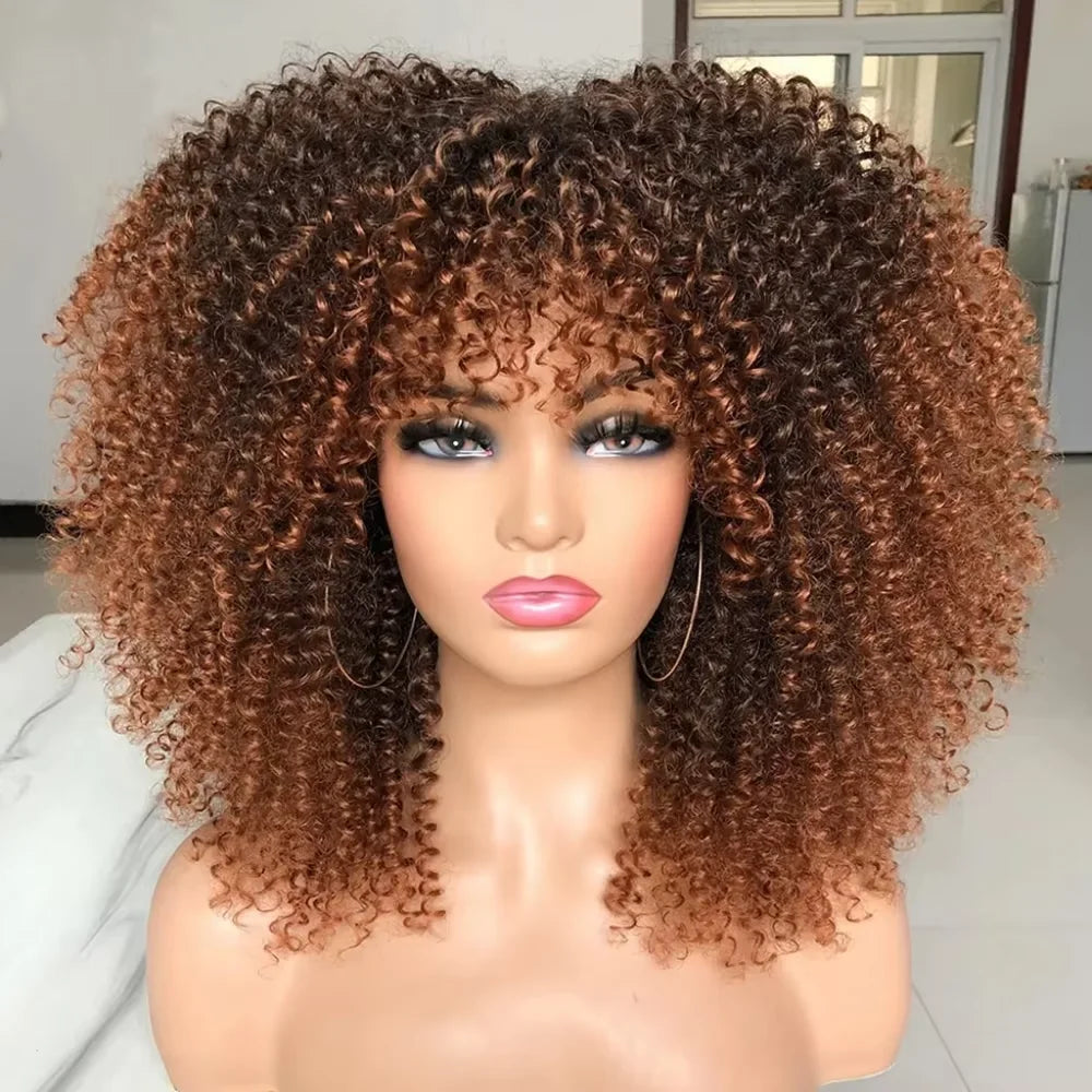 16 Inch Black Brown Natural Looking Synthetic Hair Afro Curly Wig for Black Women Kinky Curly Wig with Bang Short Curly Bob Hair