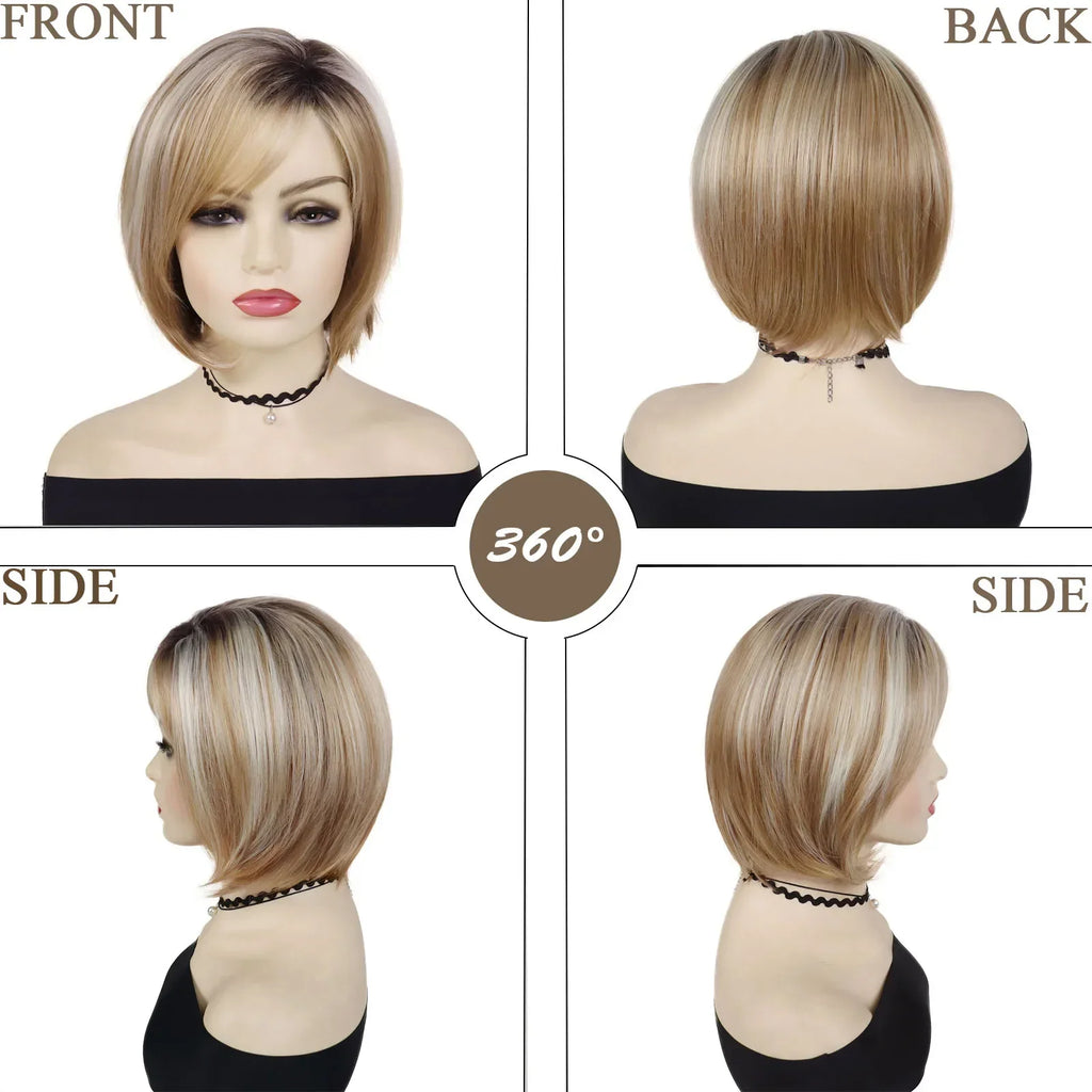 Bob Wigs for Women Synthetic Hair Heat Resistant Fiber Mixed Blonde Short Straight Hair Wig with Bangs Natural Hairstyle Costume