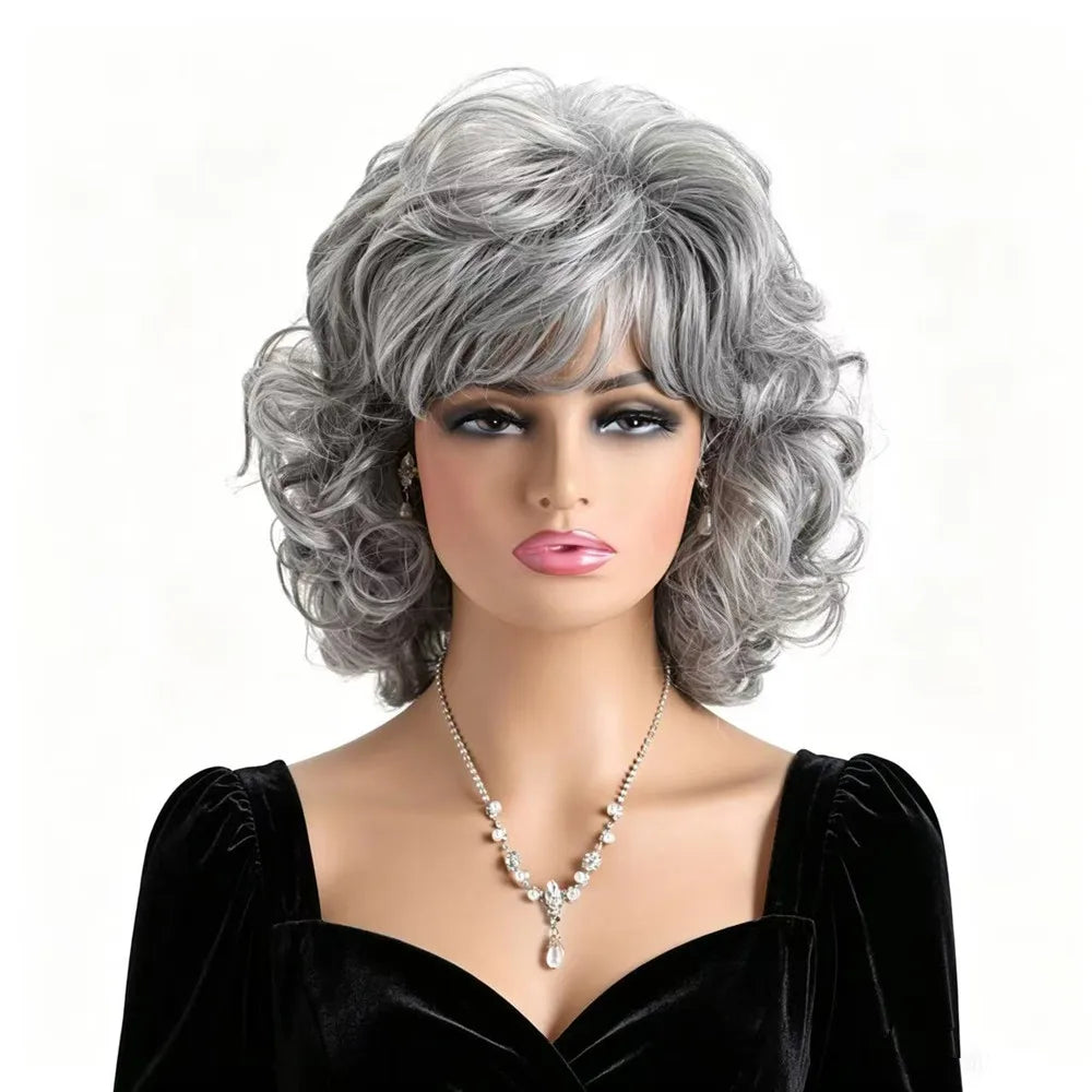 Gray Short Curly Wigs for Women Synthetic Heat Resistant Hair Wig with Bangs Old Lady Wig for Daily Party Cosplay Halloween Hair