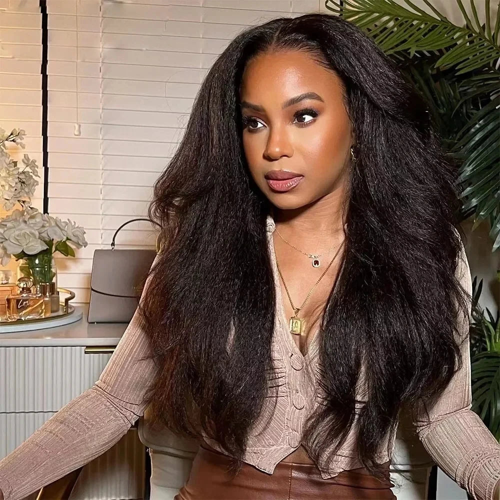 Super Soft Double Texture Yaki Body Wave 13x4 Lace Front Wig Synthetic 26Inch 180Density Kinky Straight Wavy Lace Front Wig