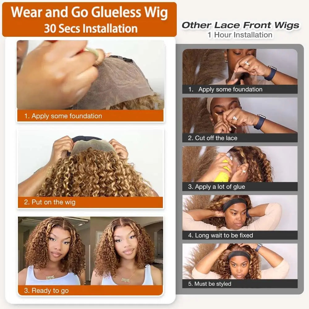 4/27# Highlight Ombre Deep Wave Bob Wig For Women 5x5 Glueless Curly Honey Blonde Wigs Human Hair Pre Plucked Wear and Go Wigs