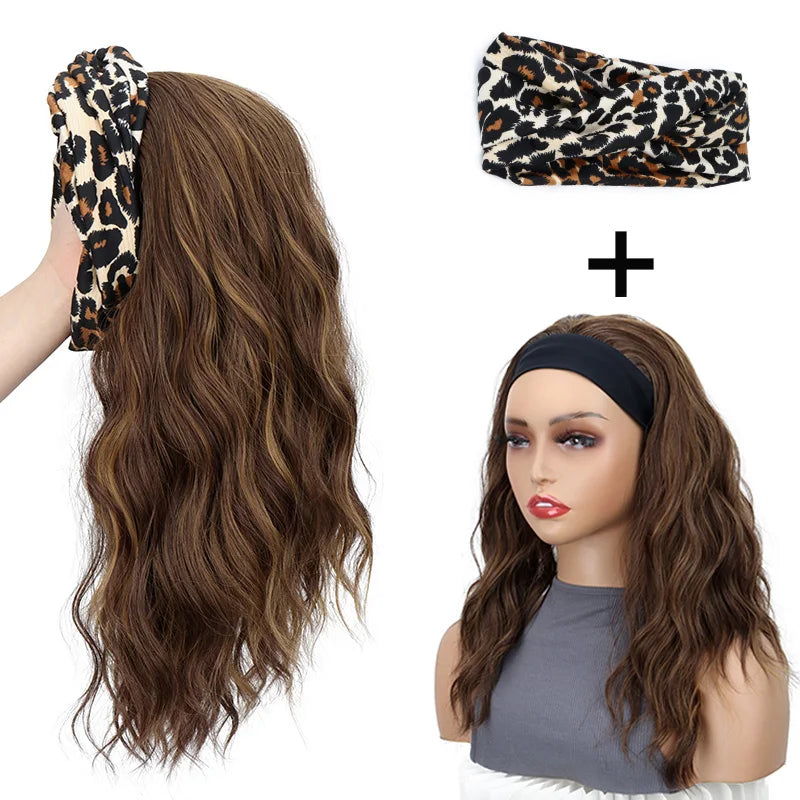 Headband Synthetic Wigs Short Curly Brown Highlight Golden Headband Wigs for Women Daily Cosplay Heat Resistant