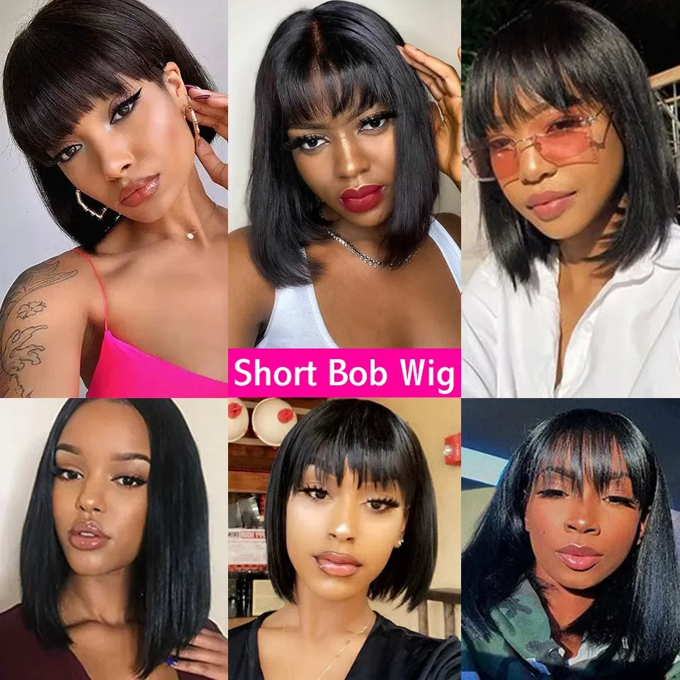 Brazilian hair Bob Wig With Bang Straight Bob Wig 100% Human Hair Wig Virgin Full Machine Made Wig For Women Cheap Bob Wigs