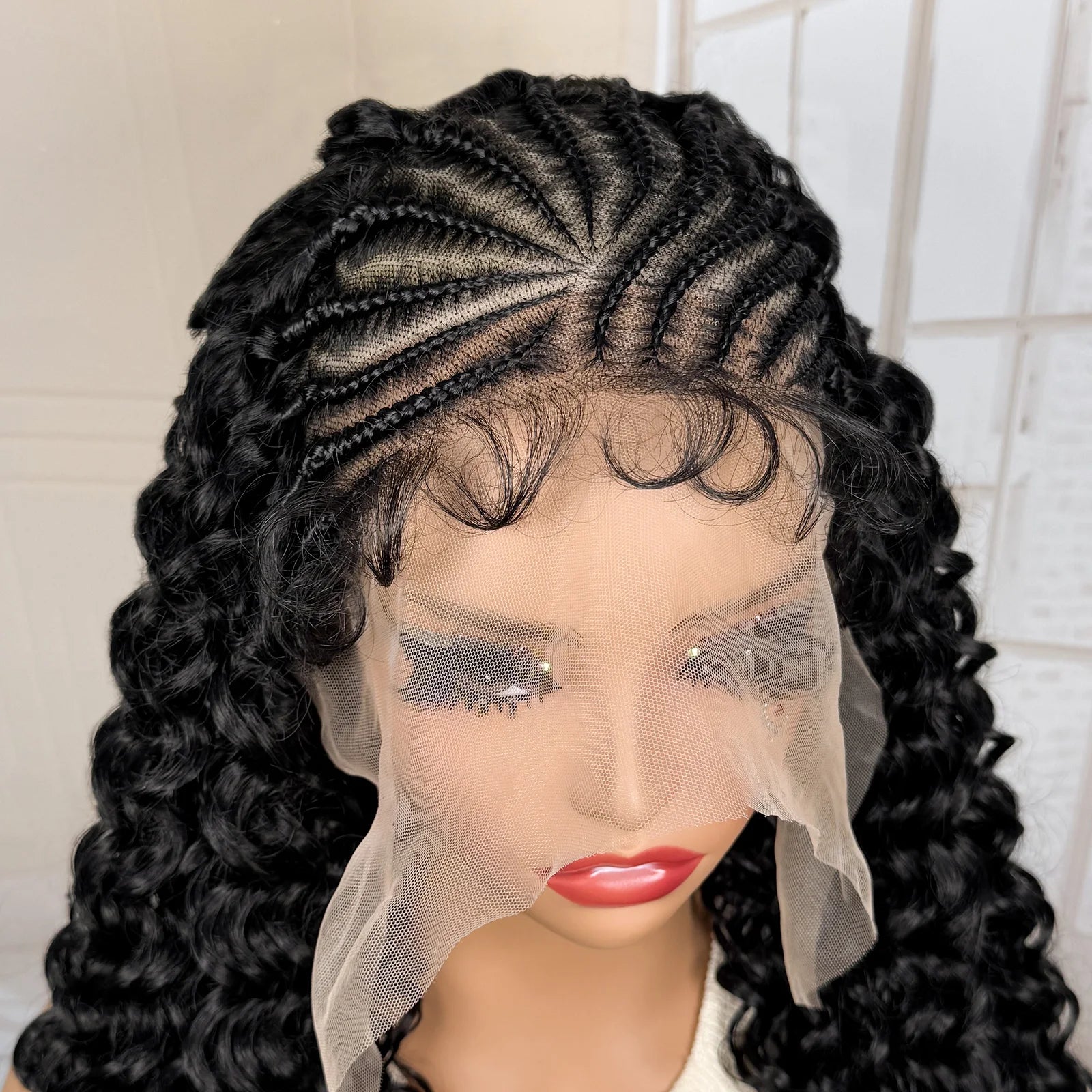13x6 Lace Frontal Synthetic Cornrow Braiding Wig with Curly 22 Inches Handmade African Braids Hair Wigs for Black Women