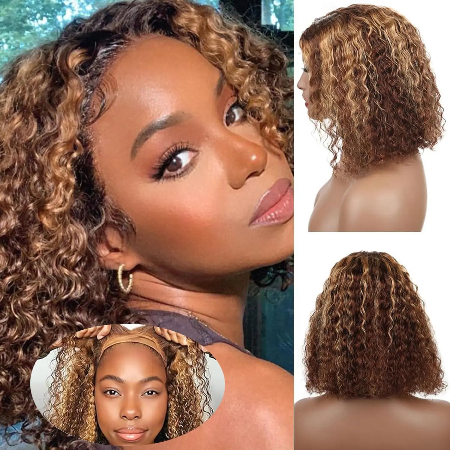 4/27 Highlight Color Curly Bob Wig Human Hair Deep Wave 200% Density 5x5 Glueless Closure Bob Wigs 14 Inch Ombre Brown Lace Wigs
