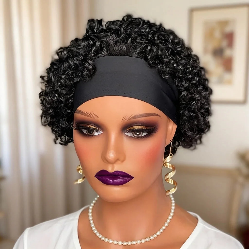 Human Hair Pixie Headband Curly Wig for Women –full machine made Lightweight Headband Wig with Natural Curls for Everyday Wear