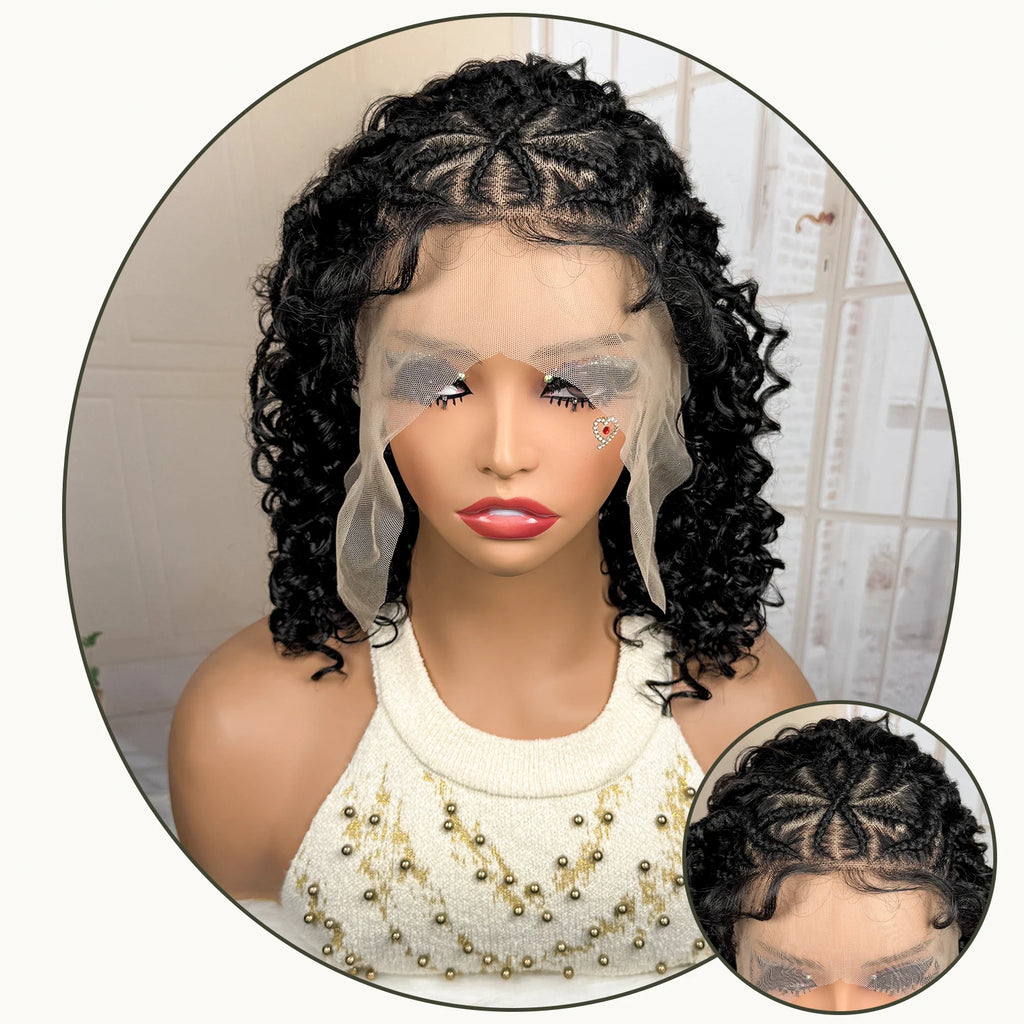 Synthetic 13x4 Lace Frontal Handmade Natural Cornrow Braided Wigs with Curly 16inch Bob African Hair Wigs for Black Women