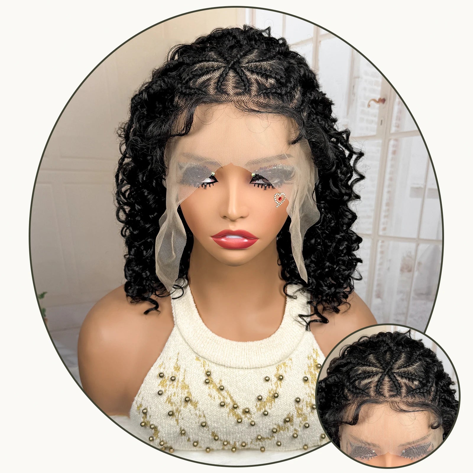 Synthetic 13x4 Lace Frontal Handmade Natural Cornrow Braided Wigs with Curly 16inch Bob African Hair Wigs for Black Women