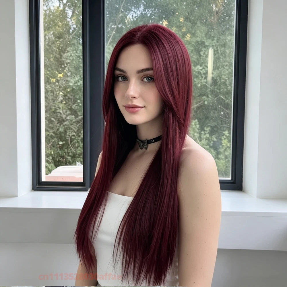 Red Wig for Women Long Straight Hair Forehead Lace Wig  for Cosplay Daily Use Lolita  Synthetic Wigs Natural Hair Heat Resistant