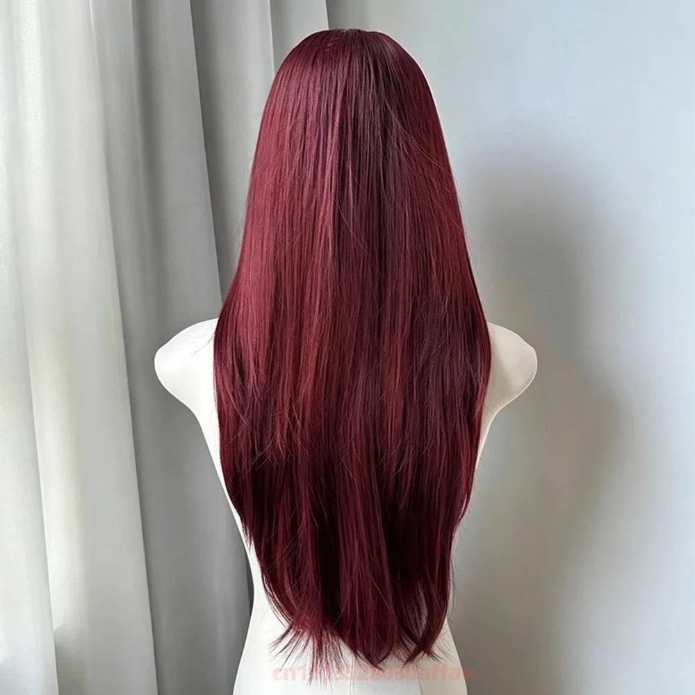 Red Wig for Women Long Straight Hair Forehead Lace Wig  for Cosplay Daily Use Lolita  Synthetic Wigs Natural Hair Heat Resistant