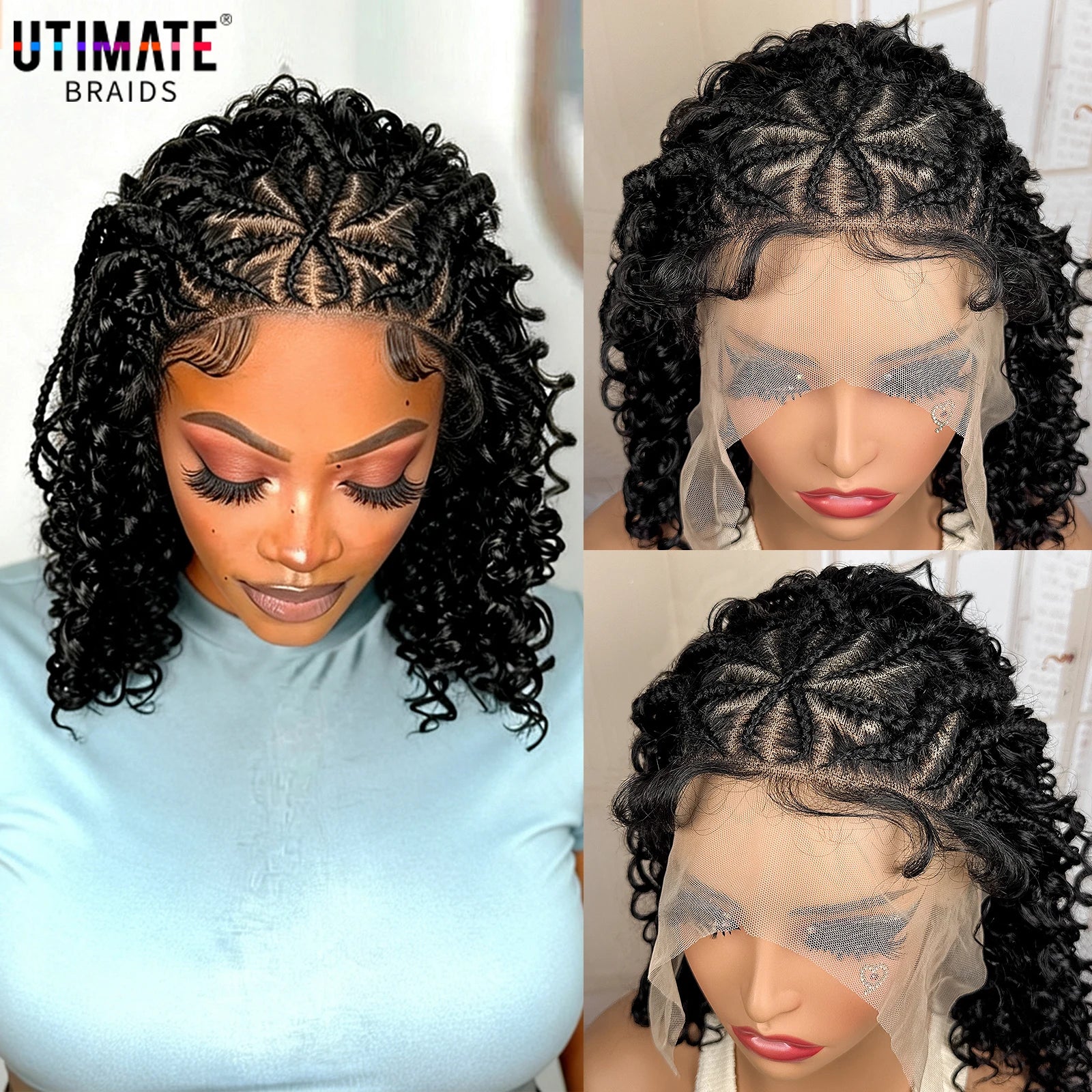 Synthetic 13x4 Lace Frontal Handmade Natural Cornrow Braided Wigs with Curly 16inch Bob African Hair Wigs for Black Women