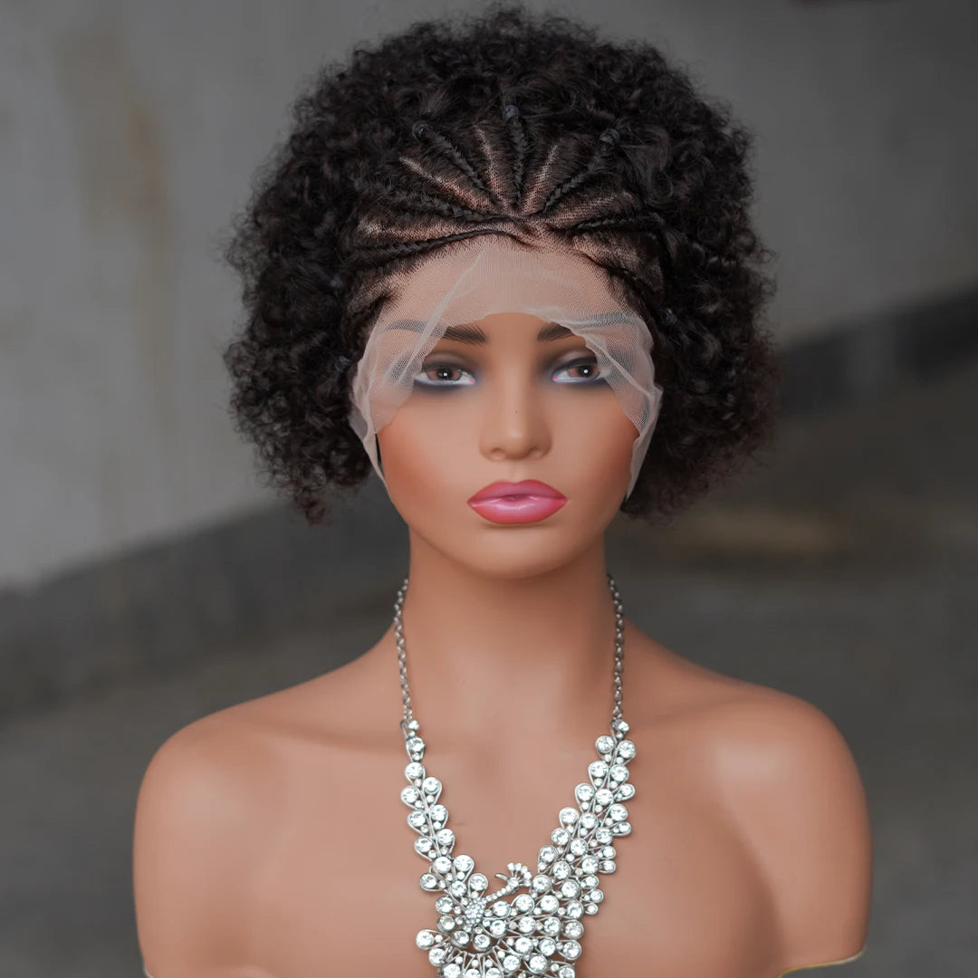 Afro Curly Wigs Colorful Human Hair Wigs with Braids 13×4 Lace Front Wig Remy Human Hair Wig for Women
