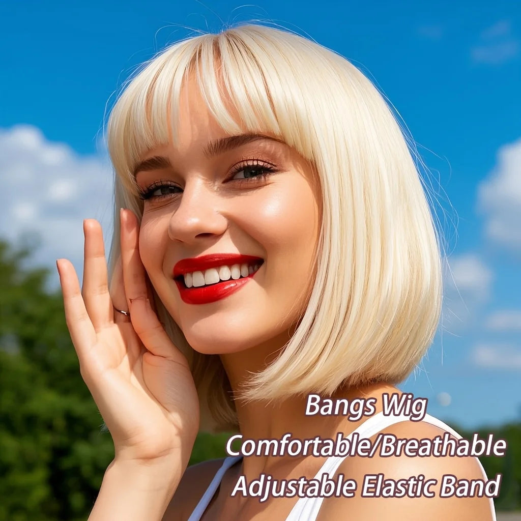 Charming Short Bob Wig, Fully Machine-Made 613 Blonde Hair with Bangs, Women's Short Straight Hair, Real Human Hair Wig, Suitable for Daily Wear, Cosplay, and Christmas Parties