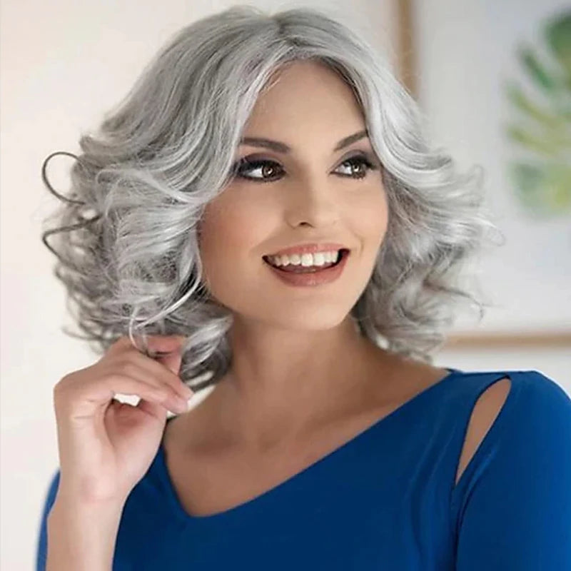 HAIRJOY Synthetic Hair Gray Wigs for Women Older Silver Grey Short Curly  Bob   Wigs
