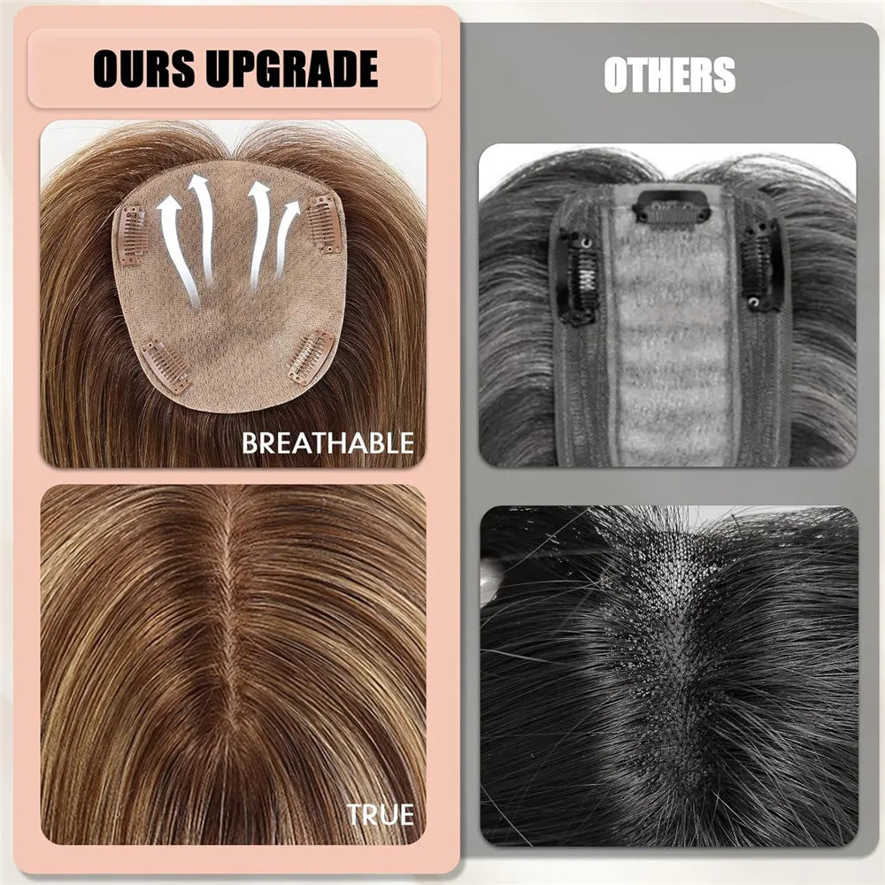 Human Hair Toppers for Women with Bangs 5"*5.5"Large Coverage Mixed Brown 100% Real Human Toppers for Women with Thinning Hair