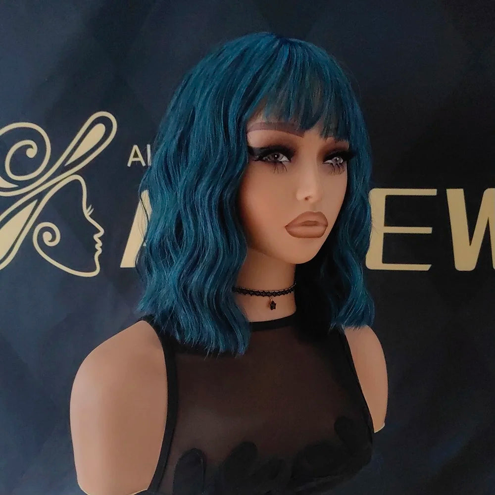 Natural Blue Short Curly Wig for Women - Shoulder Length Wavy Bob with Bangs | Synthetic Heat-Resistant Hair