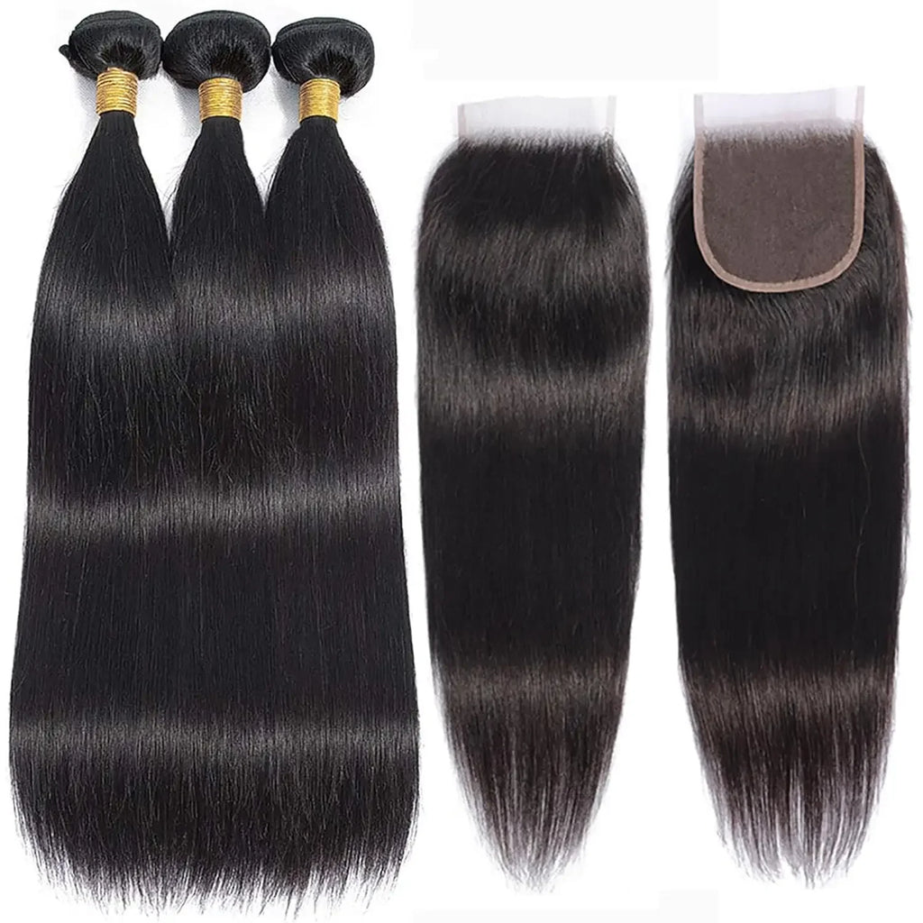 Peruvian Hair Bone Straight Human Hair Bundles With 4x4 HD Transparent Lace Closure 100% Virgin Human Hair Bundles Extension