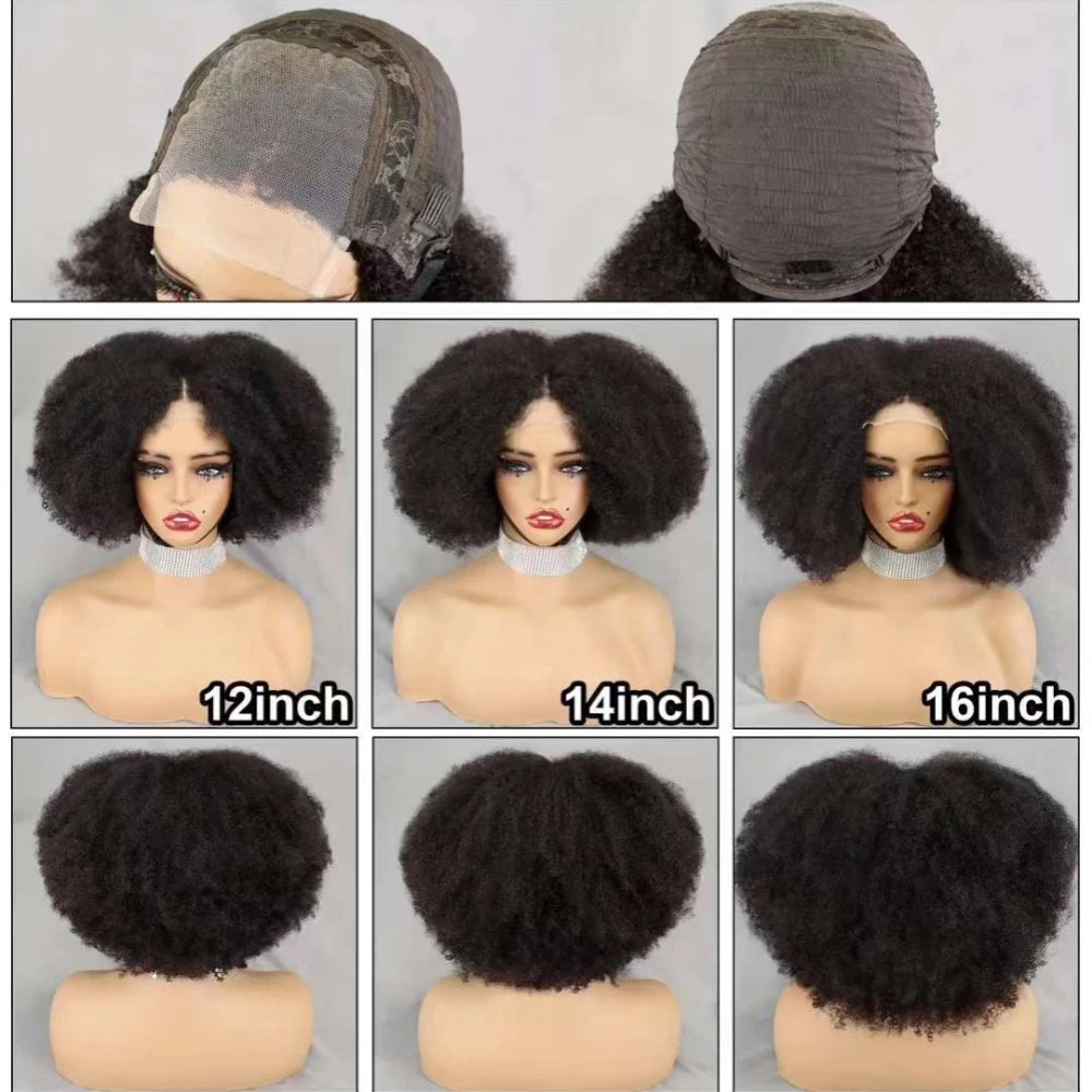 16 Inch Natural Afro Kinky Curly Human Hair Wig Bob Wigs 300% Density Short 4x4 Lace Closure Curly Wigs with Baby Hair for Women