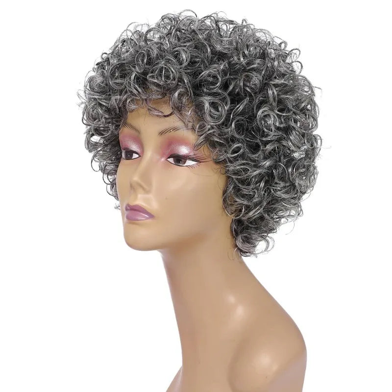 6 Inch 150% Density Full Machine Made Human Hair Wig Short Curly Light Gray Afro Wig Natural Looking For Black Women Daily Wear